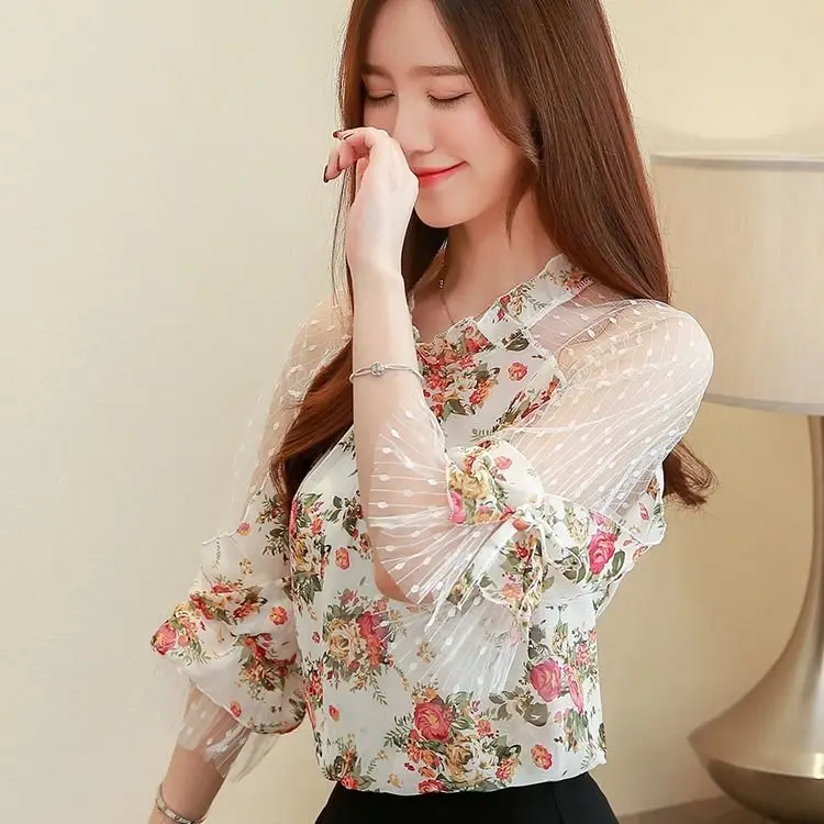 2024 Floral Chiffon Shirt New Summer Women Mesh Stitching Half Sleeve Tops Vintage Blouse Korean Women Shortsleeve T-Shirt 3XL