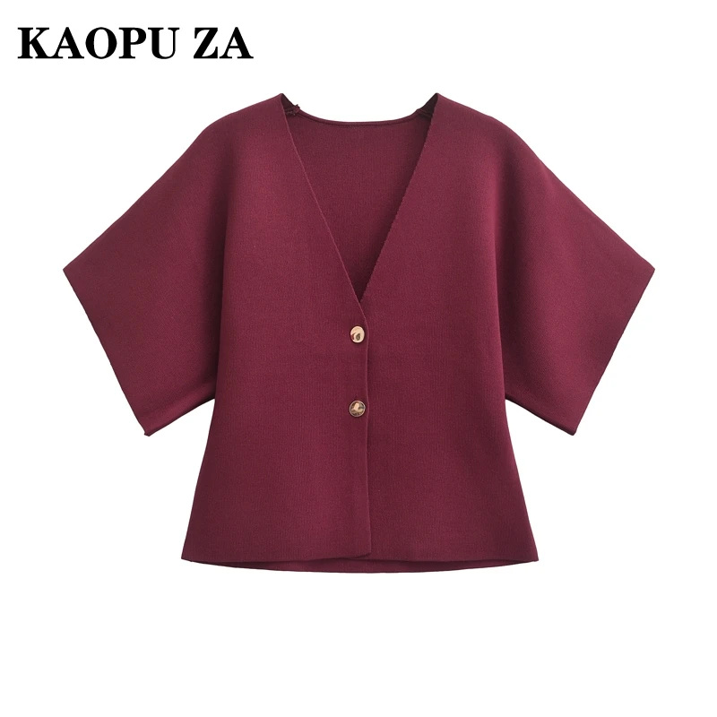 KAOPU ZA Woman's 2024 Autumn New Casual Knitted Coat Lady Vintage V Knit Sweater Two Buttons Short Sleeve Solid Color Jacket Top