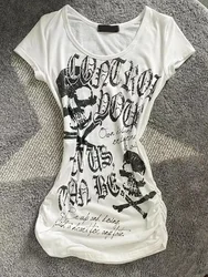 2024 Punk Vintage Skeleton Letter Print T Shirt American Retro SubCulture Slim T-shirt Top Trend Women Gothic Grunge White Tees