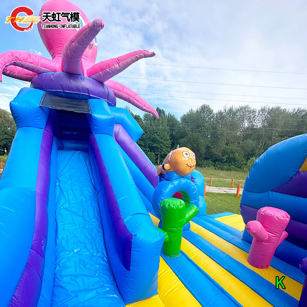 Zamek dmuchany z motywem Sea World, zjeżdżalnia, plac zabaw, 6x5m, wytrzymały, dmuchany zamek z ośmiornicą, zjeżdżalnia i przeszkodami.