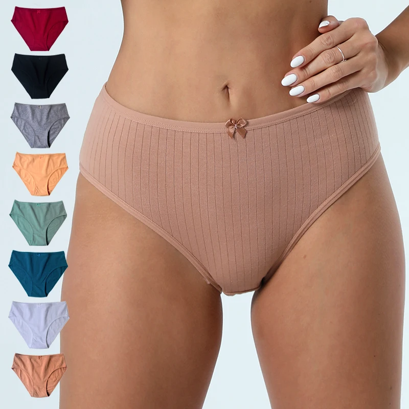 

8pcs/lot S-XL Solid Color Briefs Women Cotton Panties Soft Comfortable Female Cotton Stripe Intimate Underwear Low Waist Briefs