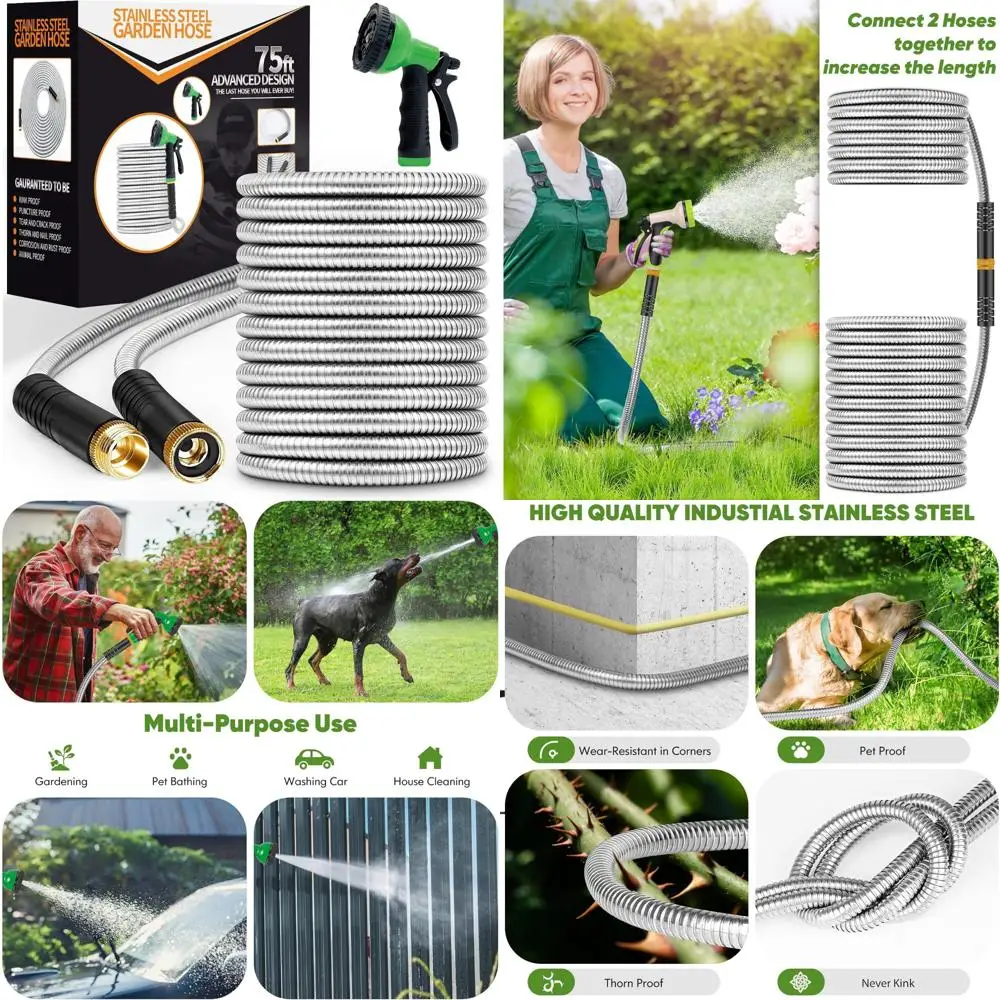 

Stainless Steel 75ft Heavy Duty Garden Hose with 10 Functions, Flexible, Lightweight, No-Kink, Pet Resistant, Puncture-Proof Wat