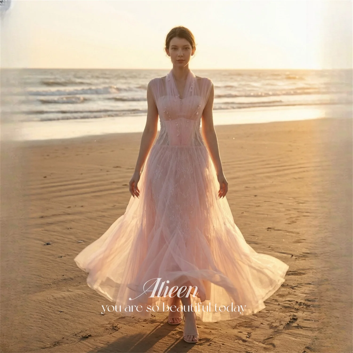 

Aileen Tulle V-Neck Pink A-Line Evening Dress 2026 Sleeveless Floor-Length Beach Party Formal Evening Gowns Custom Made Robes