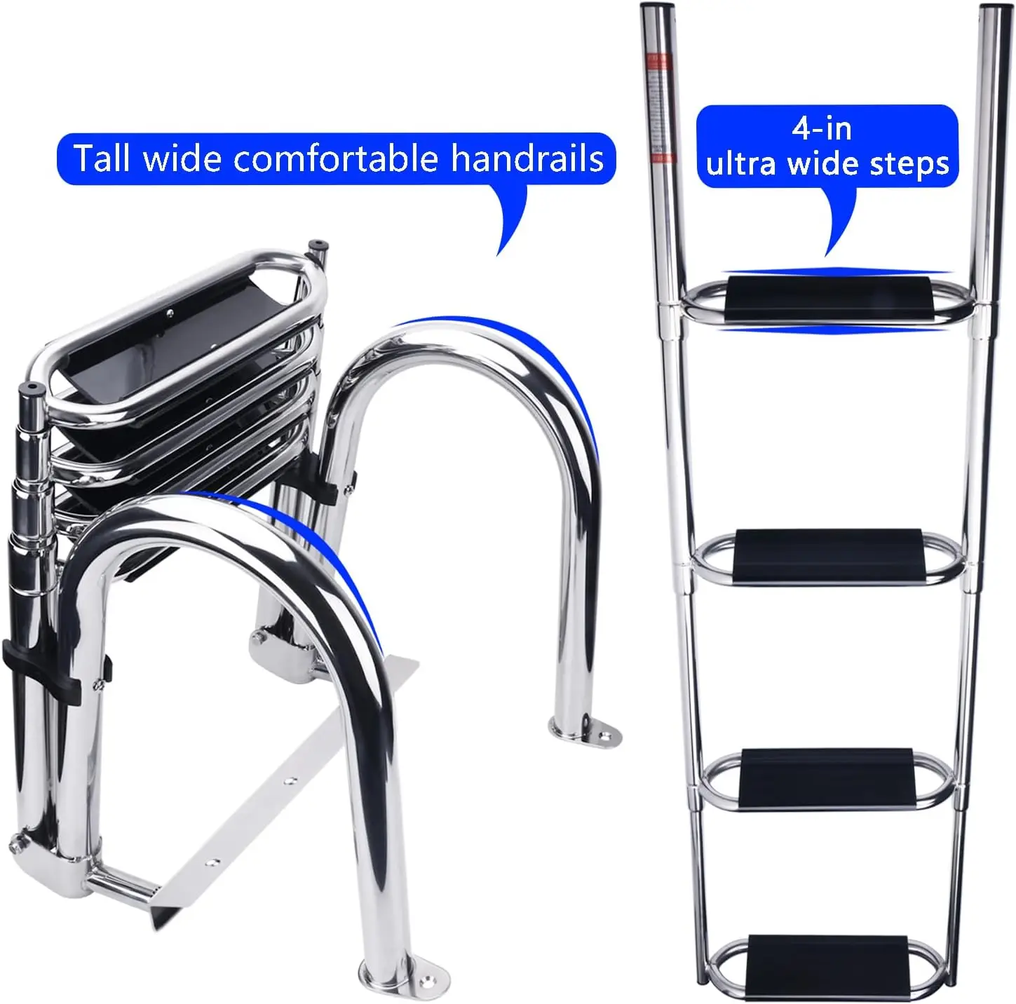 Échelle de bateau ponton robuste-échelle pliante télescopique à 4 marches en acier inoxydable 316, pour échelle intérieure d'entrée arrière, marches larges