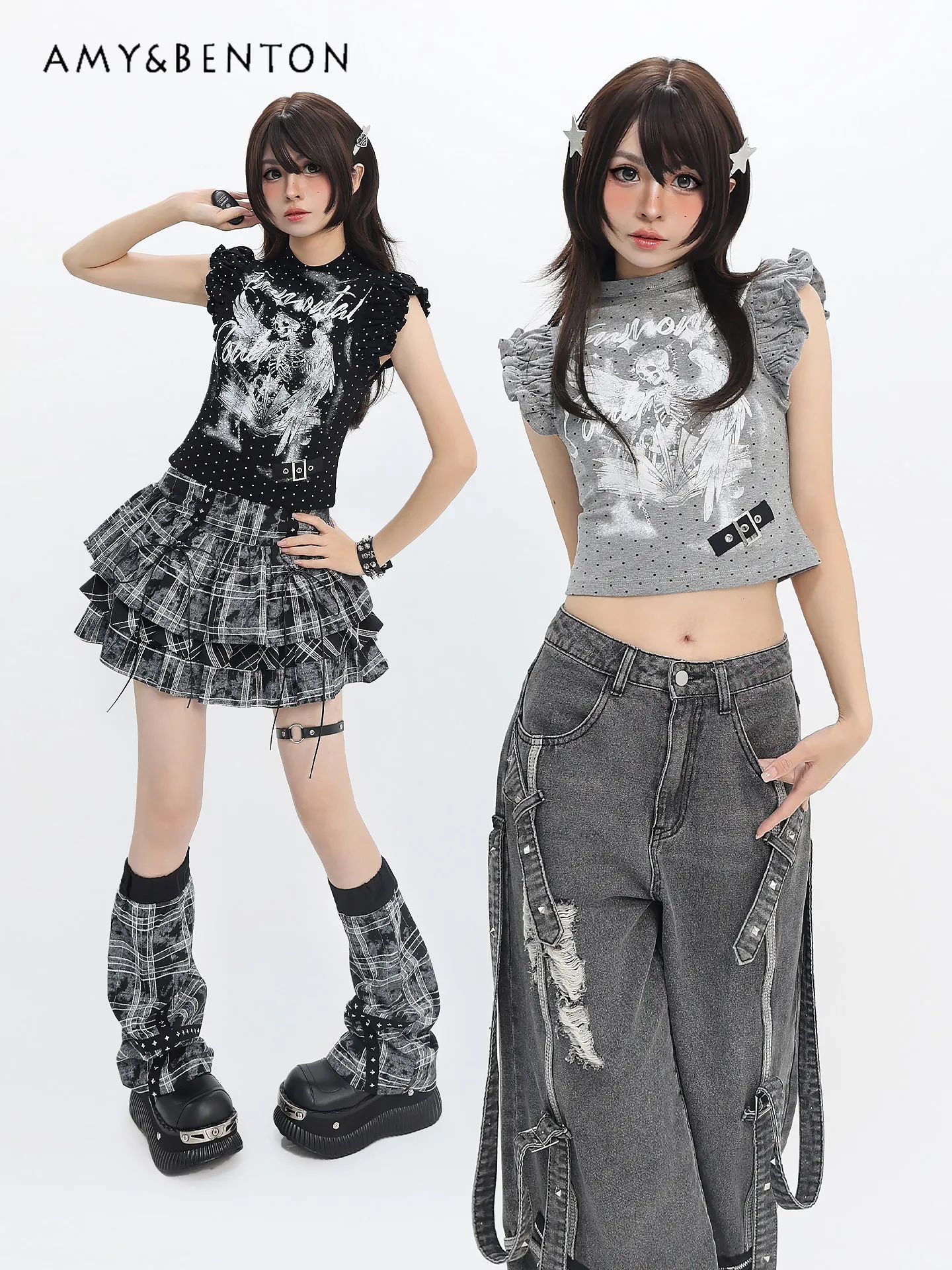 

Punk Anime Print Flying Sleeve T-shirt Top Women Summer New Subculture Gothic Rock Hot Girl Y2k Sexy Short Top Graphic T Shirts