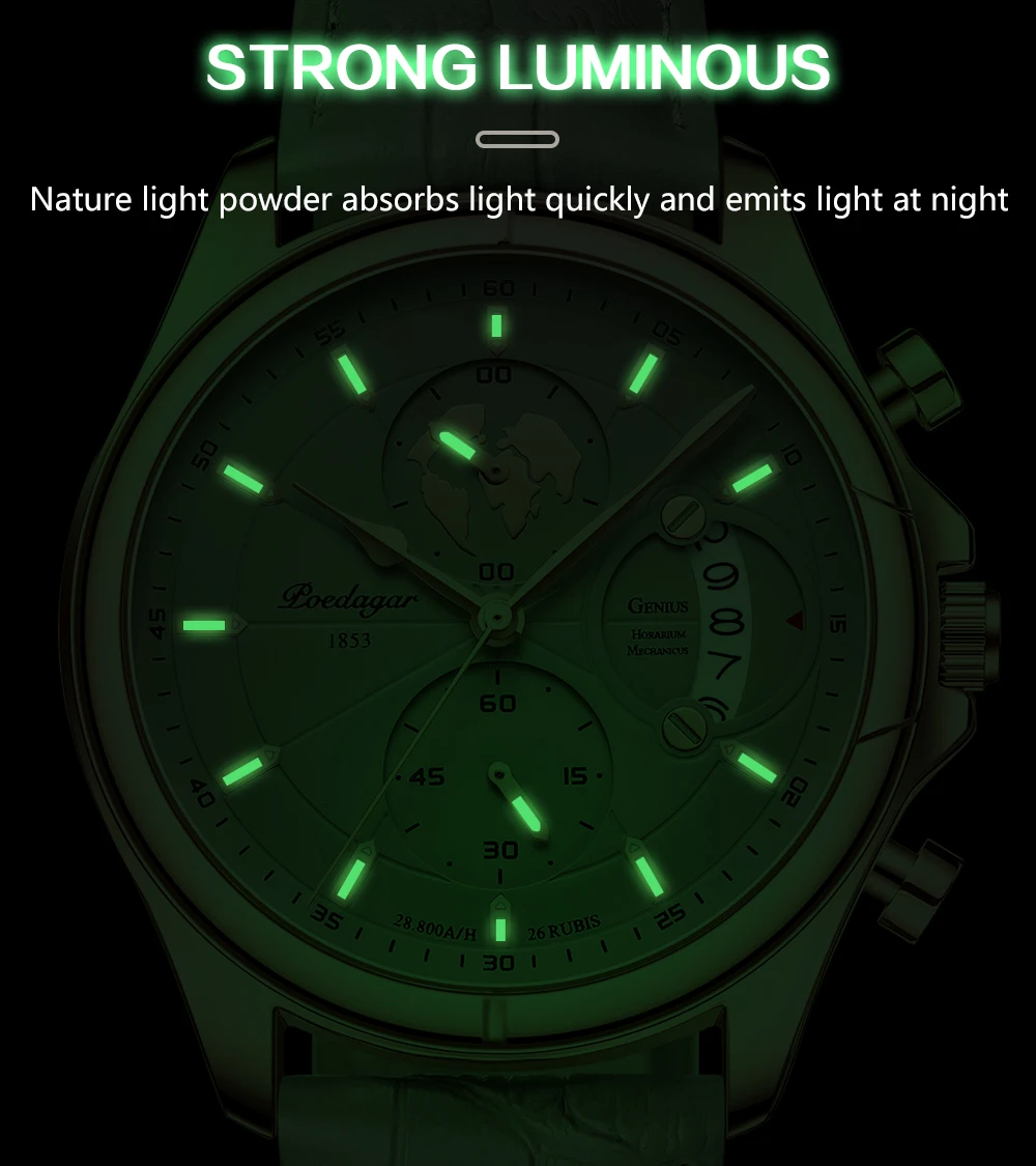 POEDAGAR Sport Casual Mann Uhr Datum Wasserdicht Leucht Leder Chronograph herren Uhr Business Luxus Quarz Uhren Für Männer – Detail 7