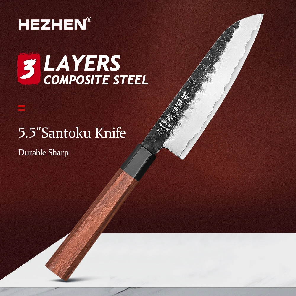 HEZHEN 5.5 Inches Santoku Knife 3 Layers Composite Steel High quality Red wood handle Kitchen Accessories