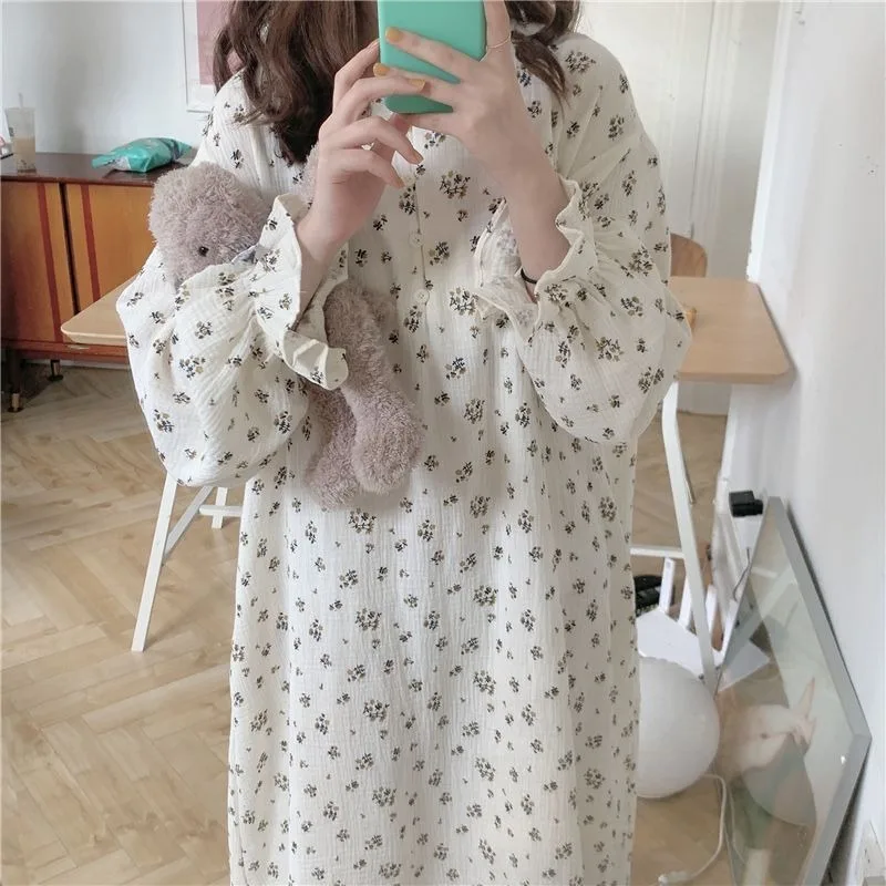 Floral Women Nightgown Korean Style Sleepwear Long Sleeve Night Dress Autumn Ruffle One Piece Pajamas Home Sleeping Wears New In