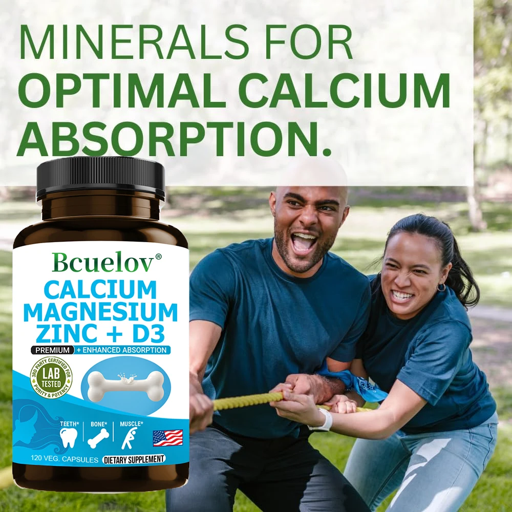 Bcuelov Calcium Magnesium Zinc Vitamin D3 Supplement - Bones Teeth Muscles Nerves Metabolism Protein Synthesis Immune System