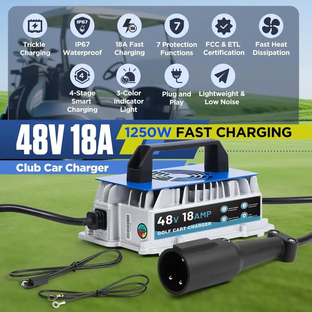 18 AMP 48 Volt Golf Cart Charger for Club Car 1250W Smart Trickle Charge & IP67 Waterproof, 16FT Cable for Lead Acid Batteries,4-6 Hours Full Charge Club Car Charger with 3-Pin Round Plug