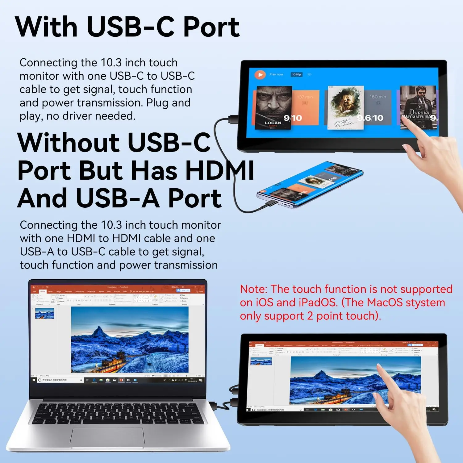 شاشة لمس صغيرة الحجم 10.3 بوصة، 400cd/m2، VESA، IPS شاشة بار 1920*720 HDMI USBC، مناسبة للكمبيوتر المحمول المحمول الذي يعمل باللمس