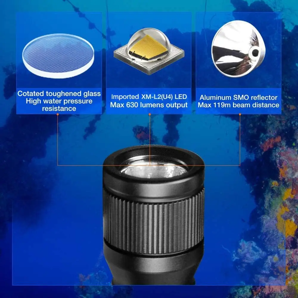 ORCATORCH D560 Scuba Diving Flashlight Torch LED Lamp Underwater Lantern Professional Underwater Hunting Flashlight without Mask