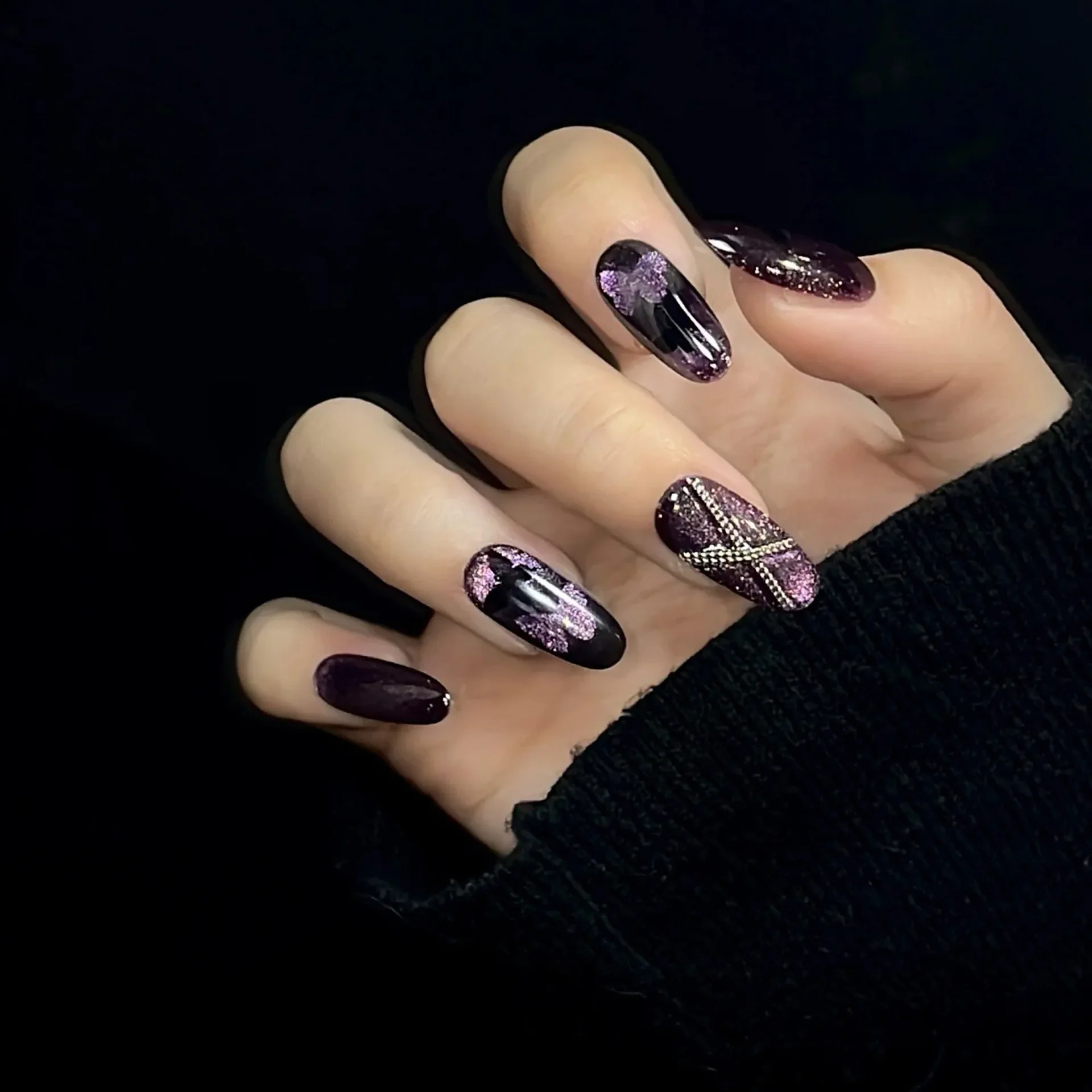 

10PCS Cat Eye Press on Nails Short Voal Magic Blue Purple Glow Butterfly Design Handmade Nails Glossy Full Cover Glue on Nails