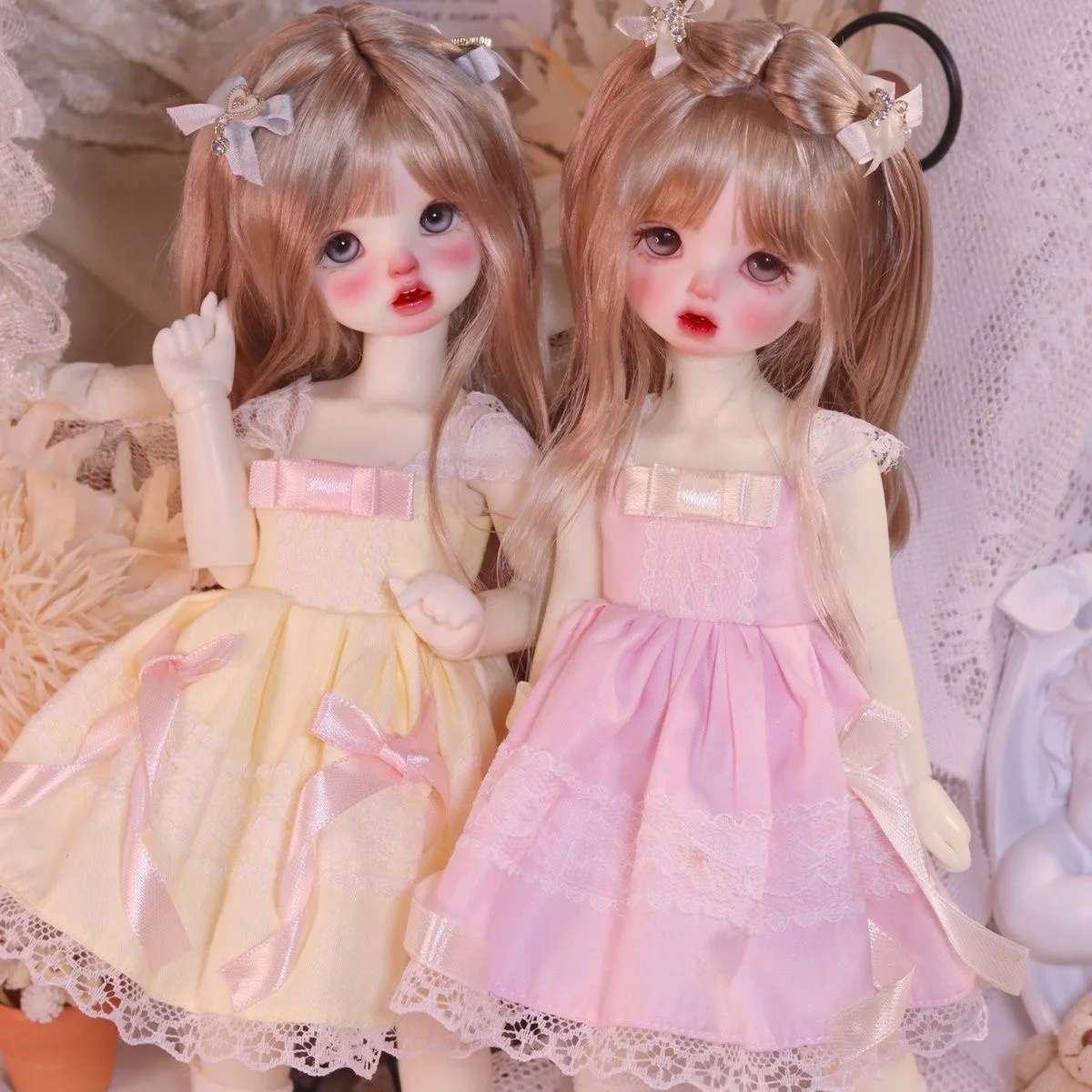 

Blue Pink Yellow Doll Clothes, 1/4 1/5 1/6 BJD Body Vintage Princess Dress, Lace Bow Tiara Free Shipping