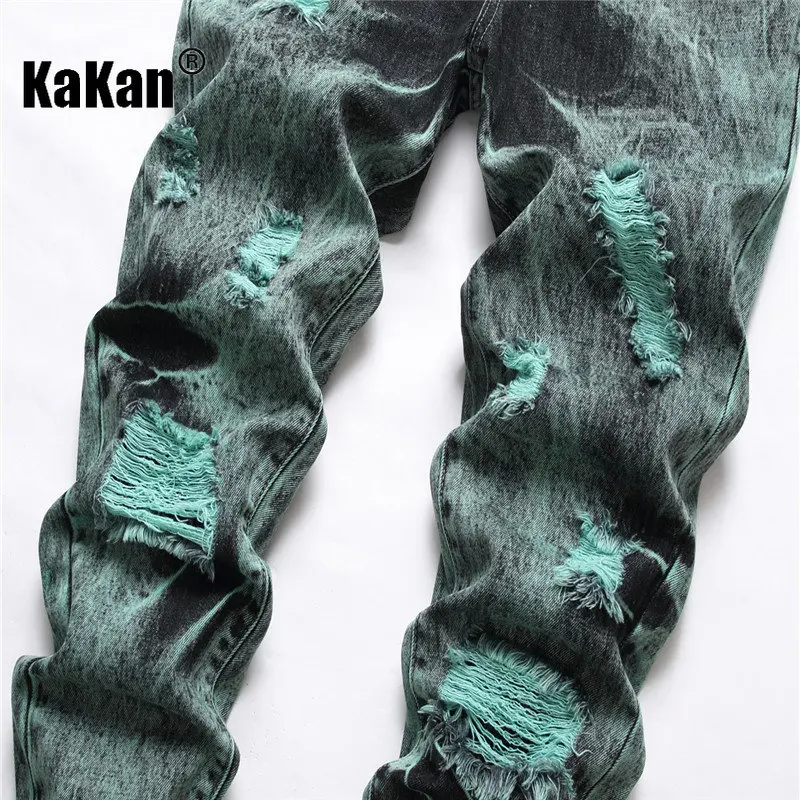 Kakan - New European and American Ripped Straight Leg Jeans for Men, Tie Dyed Green Black Casual Long Jeans K44-9242