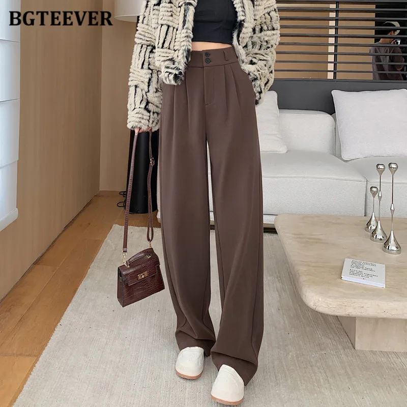 

BGTEEVER Casual Thicken Women Woolen Pants Autumn Winter Loose Pockets Wide Leg Warm Trousers for Women