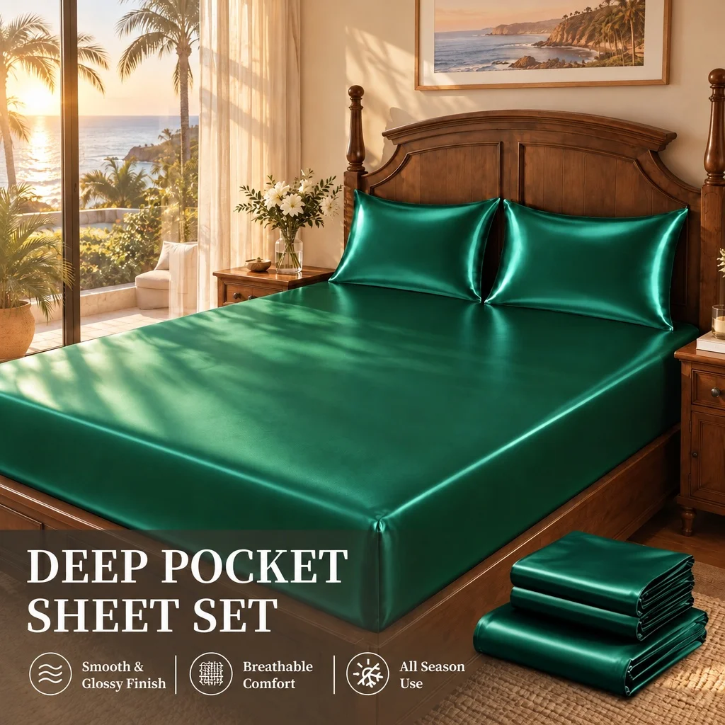 Luxury Cooling 3pcs Fitted Sheet Set, 16 Inch Deep Pocket Non-Slip Wrinkle-Free Bedding, All Season Usable, Machine Washable, With 2 Pillowcase Covers For Bedroom Mattress Decor & Daily Use