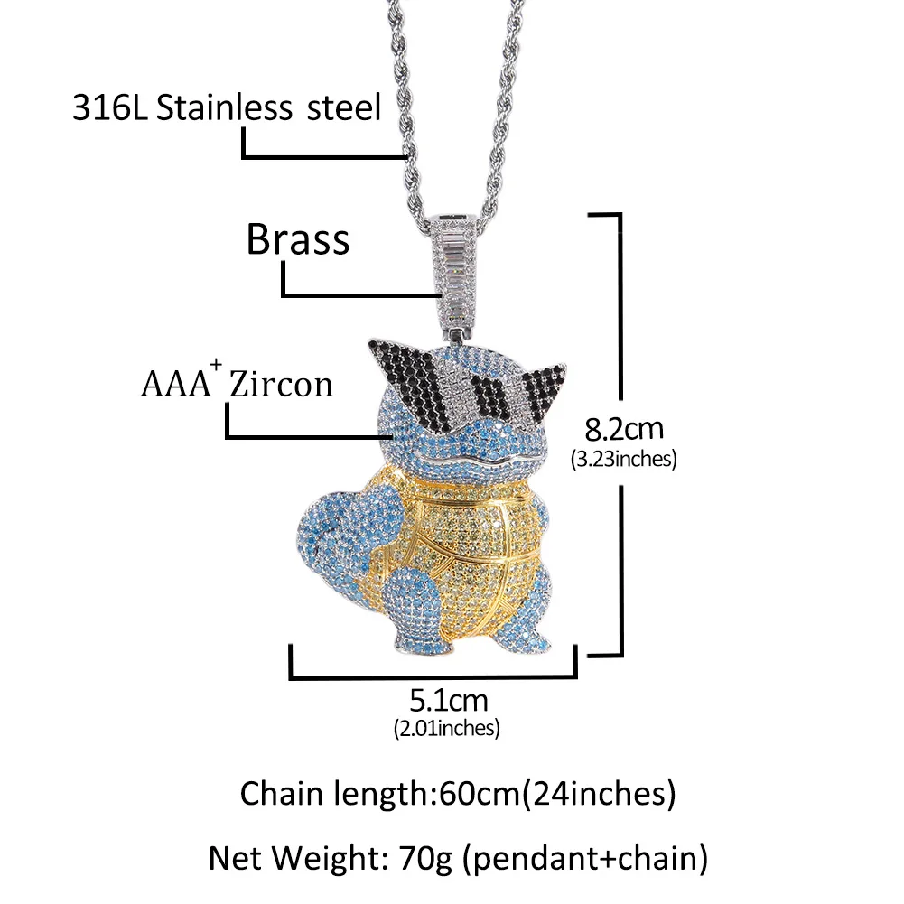 Hip Hop AAA+ CZ Stone Paved Bling Iced Out Gold Color Cool Cartoon Tortoise Pendants Necklaces for Men Rapper Jewelry Gift