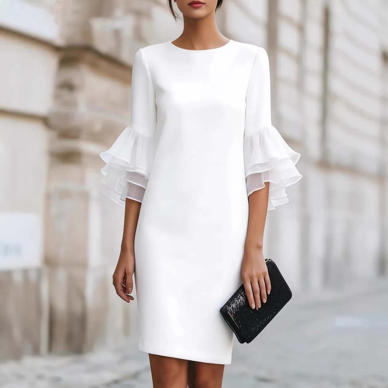 

2026 new temperament ruffled flared sleeve slim fit dress