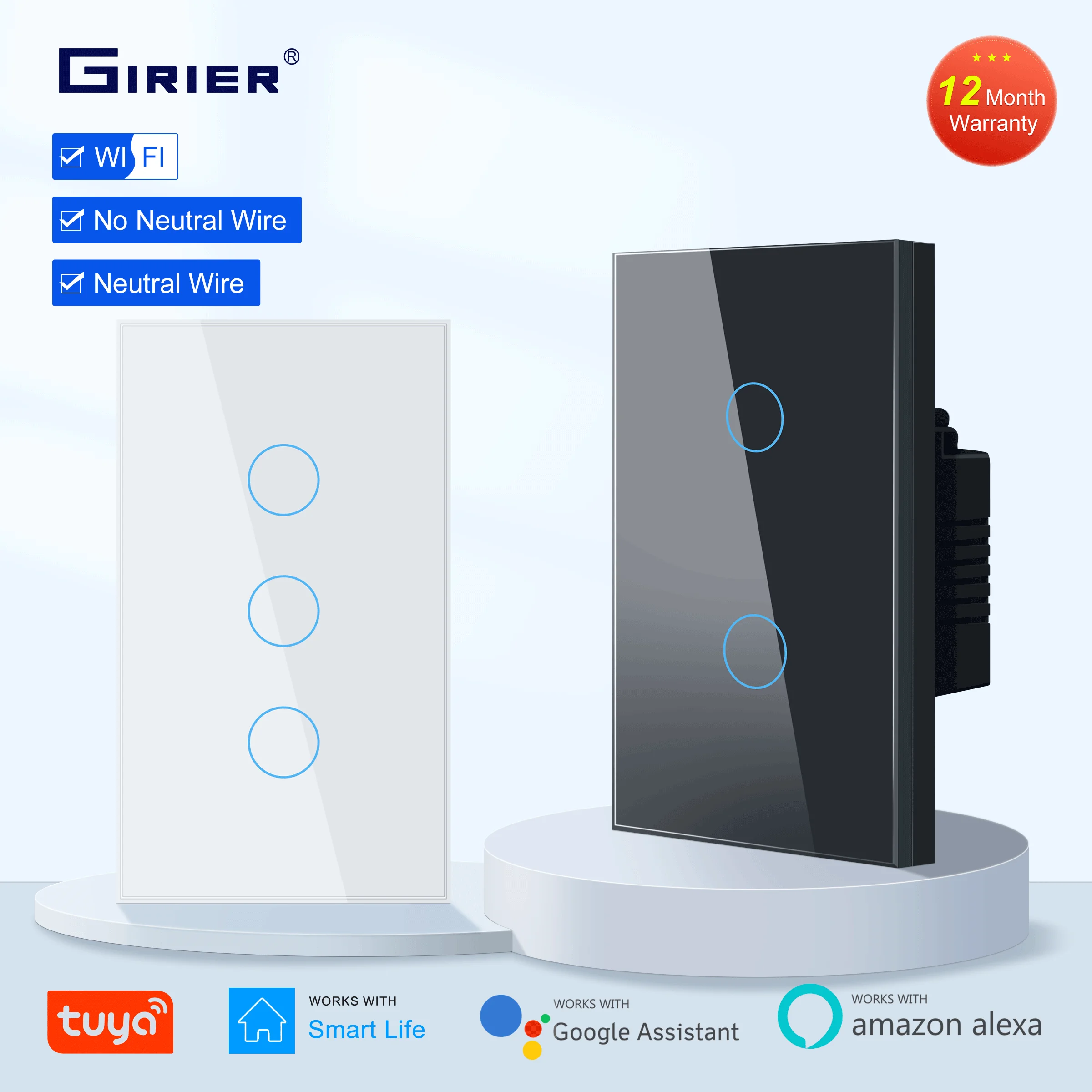 

GIRIER Tuya Smart WiFi Light Switch No Neutral Wire Required 1/2/3 Gang Smart Wall Switch 100-250V Works with Alexa Google Home