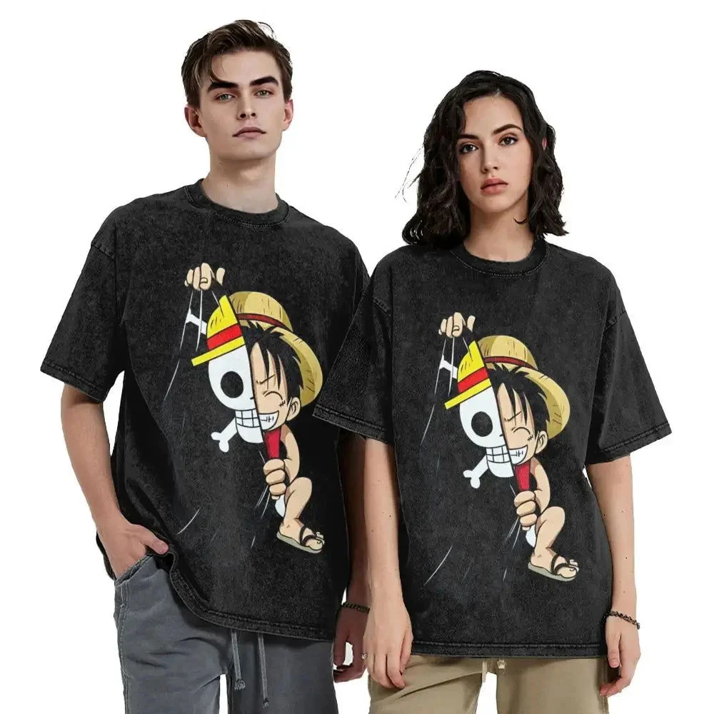 

One Piece 2025summer Men's Cotton T - Shirt Loose Style Cartoon Print Black T - Shirt for Summer Casual Wear