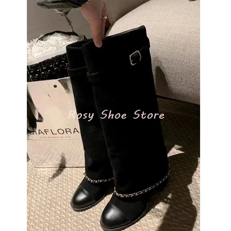 Black Suede Straight Knee Boot Women Metal Chain Pleat Light Brown Round Toe Calf Boot Turned-Over Edge Chunky Heel Trouser Boot