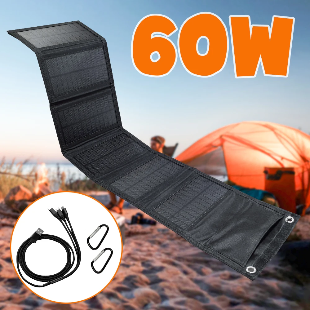 60W Portable Polysilicon Solar Panel Charger USB 5V DC Foldable Solar Panel For Phone Charge Power Bank For Hiking Camping