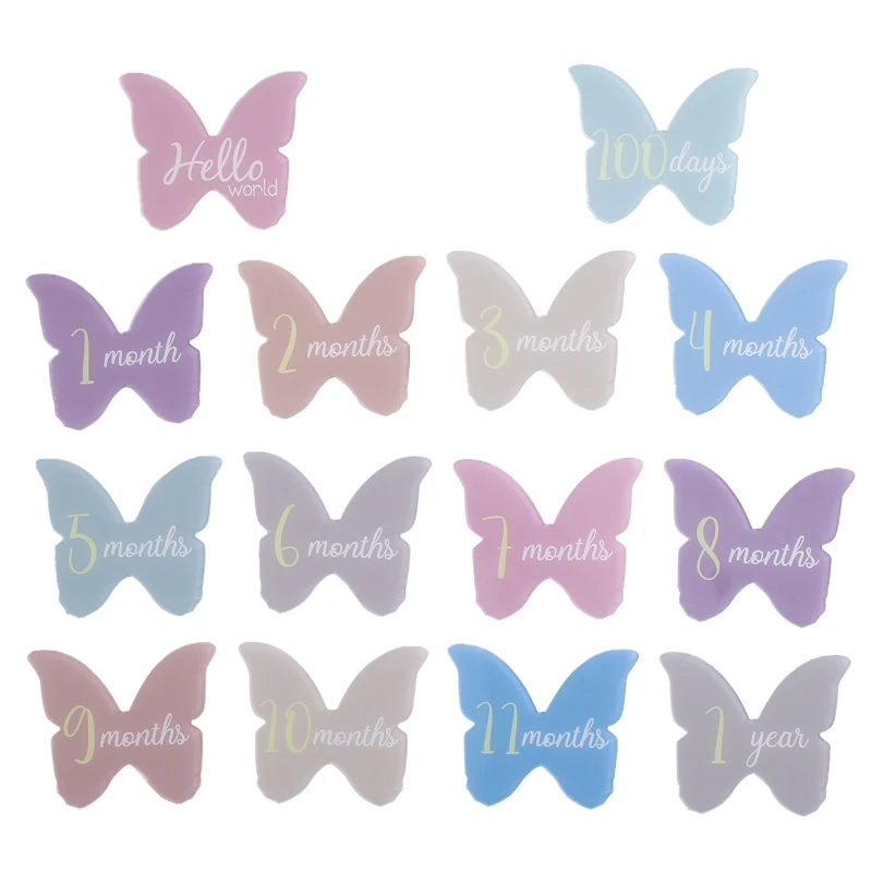 

14pcs/set Baby Acrylic Number Milestone Card Newborn Cute Butterfly Shape Photography Props Accessories Month Cards Sticker Gift