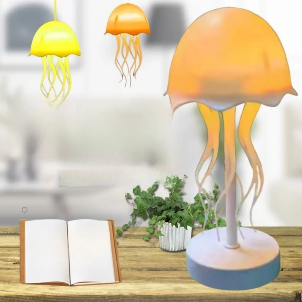 Warm/RGB Light 3D Floating Jellyfish Lamp Automatic Tentacle Rotation Adjustable Cartoon Jellyfish Table Lamp Decorative