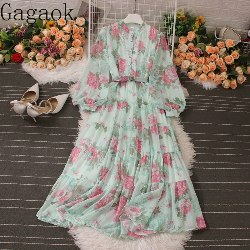 Gagaok French Dresses 2022 Early Autumn Floral Print Stand Midi Belt Dress Slim Elegant Long Beach Style Fashion Chic Vestidos