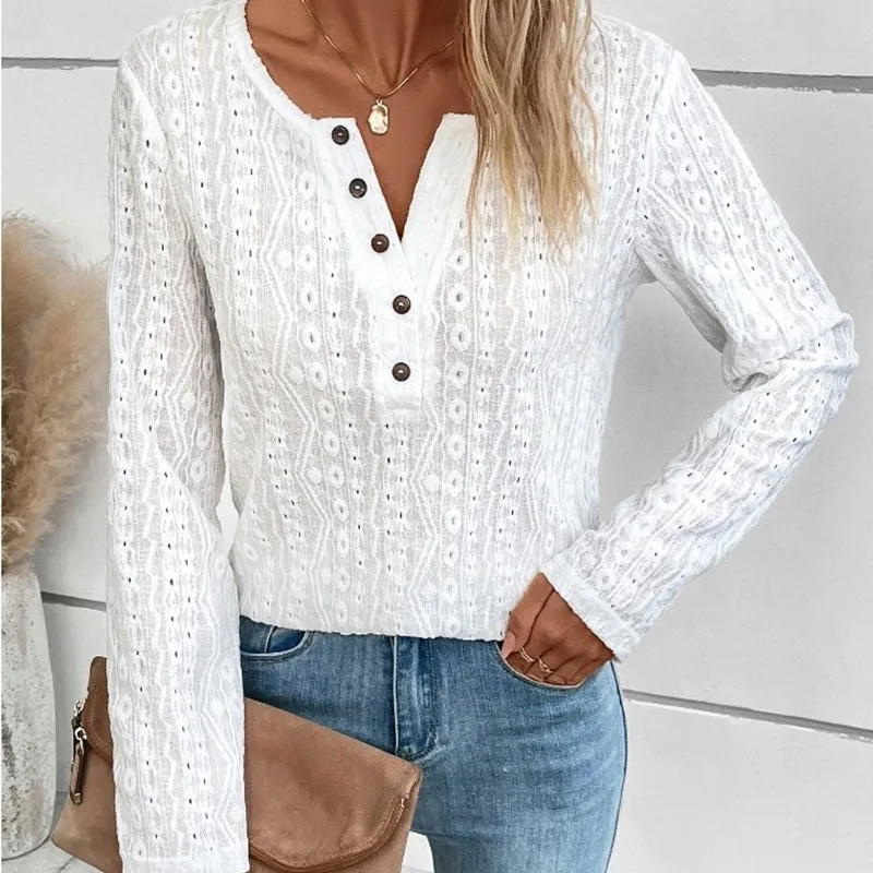 Elegant Woman White Button V-neck Blouse Office Shirt Summer And Autumn Women\'s Fashionable Long Sleeved Hollow Casual Blouse