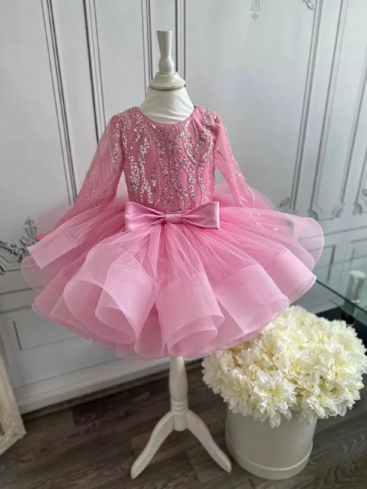 Birthday Party Custom Flower Girl Dress Long Sleeve Glitter Sequin Embroidery Bodice Waist Satin Bow Ruffled Tulle Tutu Skirt