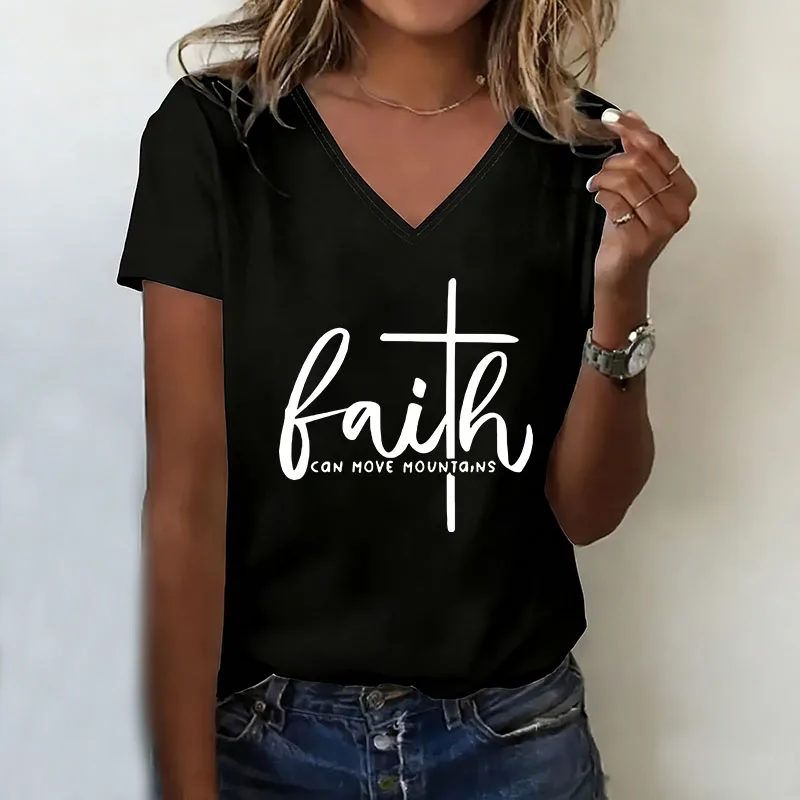 Camiseta con cuello en V, moda informal, camisetas con estampado de letras Faith Can Move Mountains, camiseta de manga corta para mujer, camiseta con cuello en V para verano y primavera