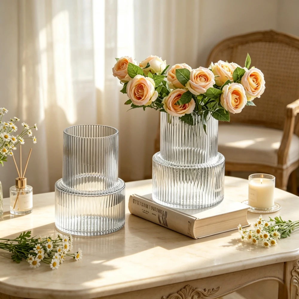 Nordic Vertical Striped Glass Flower Vase Modern Hydroponic Roses Tulip Plant Container Living Room Desktop Home Decoration