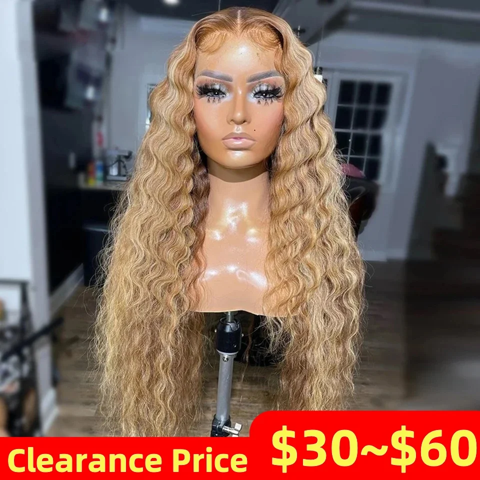 13x4x1 Lace Part Wig Human Hair Honey Blonde Curly Human Hair Wig Highligh Deep Wave Wigs 180% Clearance Sale Wigs