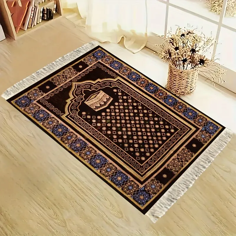 VIKAMA Retro Brown Blue Flower Grid Mosque Arch Prayer Mat, Durable & Portable, Elegant Kneeling Rug for Home Worship