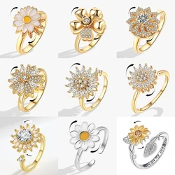 Fashion Fidget Spinner Ring Anxiety for Women Multiple Crystal Sunflower Finger Rings Rotate Anti Stress Jewelry Wedding Gift