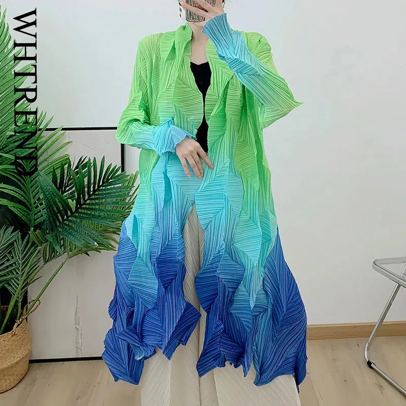 

WHTREND плиссированный кардиган с градиентом, осенний новый длинный свободный Тренч больших размеров, женское модное пальто WH1237