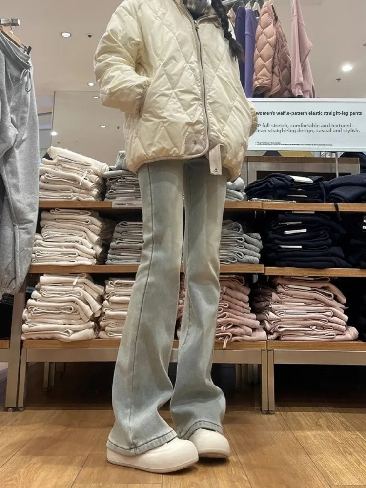 Retro fce forrado micro queimado jeans feminino cintura alta perna larga bootcut calças outono inverno plus size emagrecimento