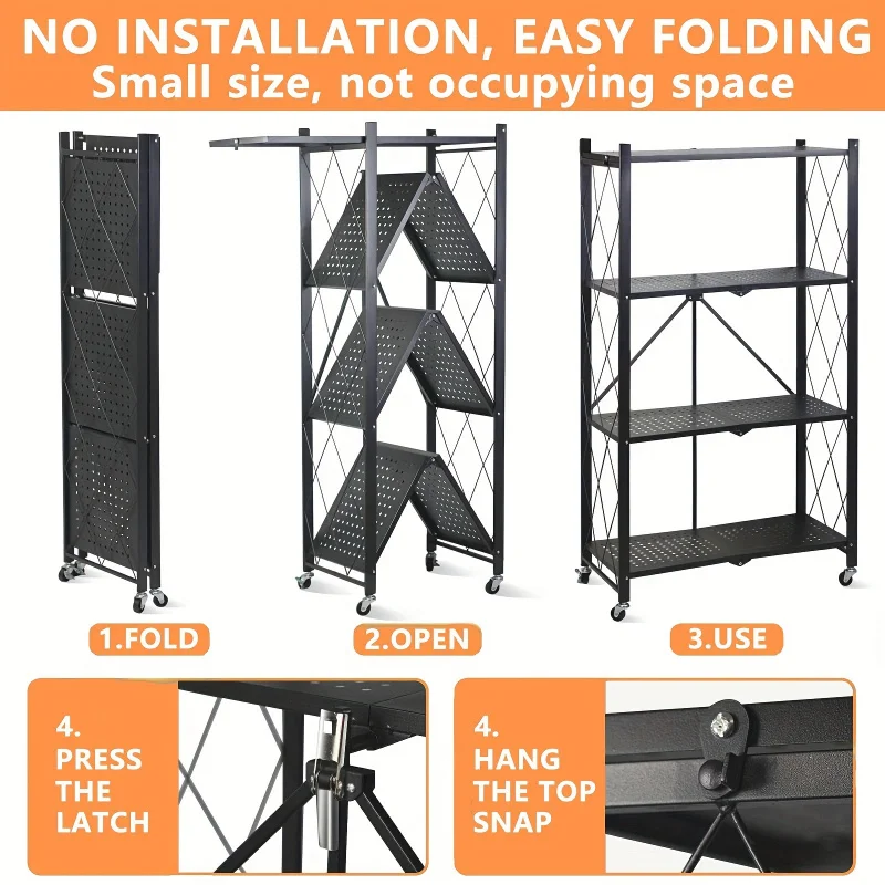 3/4/5 Tier Storage Shelf With Wheels - Metal Collapsible Shelving Unit Display, Heavy Duty Folding Shelves