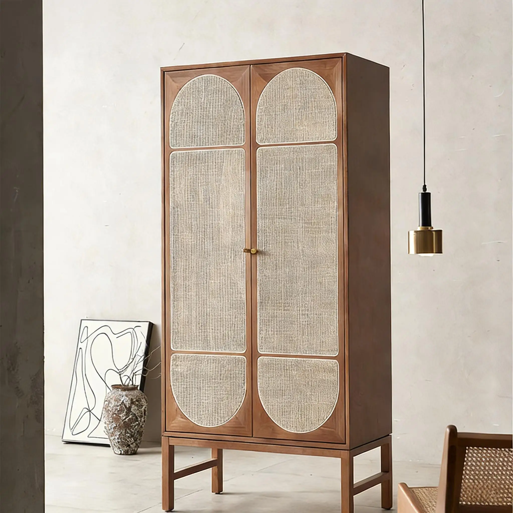 

Nordic Solid Wood Rattan Folding Wardrobe Storage Cabinet Modern Bedroom Double-door Coat Hat Cabinet