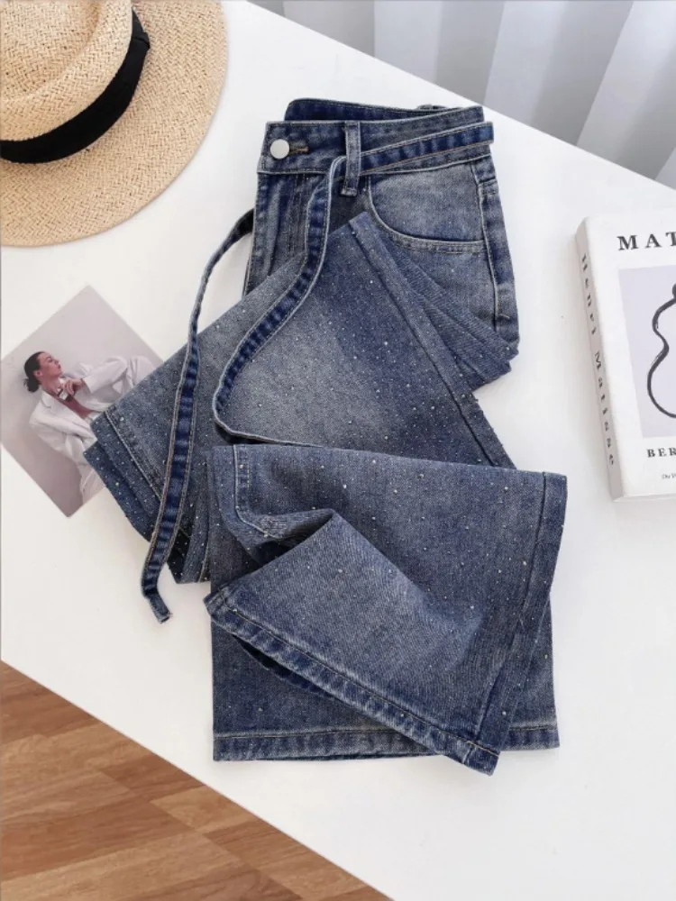 Women Shiny Diamond Streetwear Blue Jeans Fashion High Waist Wide Leg Loose Denim Trousers Casual Straight Full Length Pant