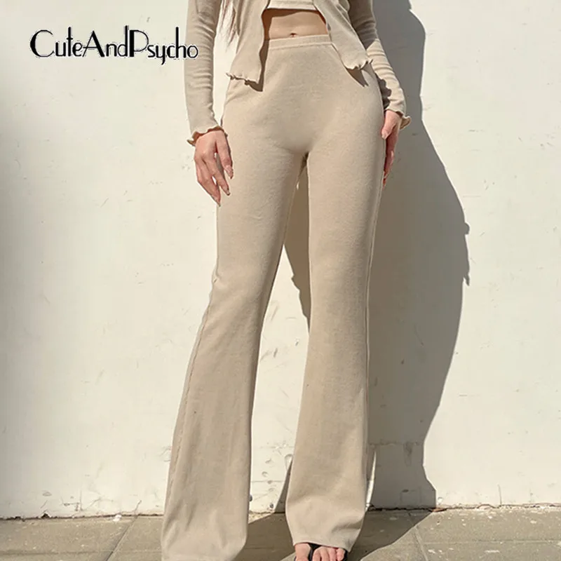 

Cuteandpsycho Basic Solid Flare Pants Chic Casual Aesthetic Floor Length Bottoms Y2K Vintage Mid Waist Slim Knitted Trousers