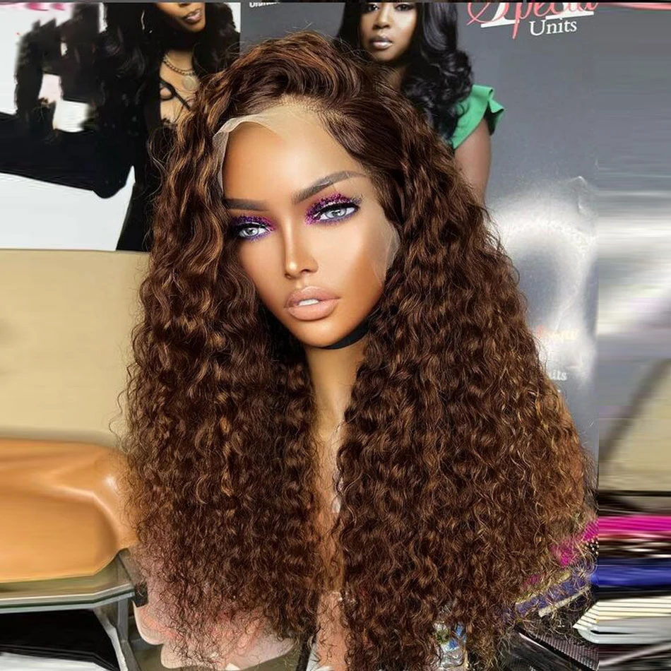 Natural Hairline Soft Preplucked 26Inch Long 180%Density Glueless Brown Kinky Curly Lace Front Wig With BabyHair Daily Cosplay