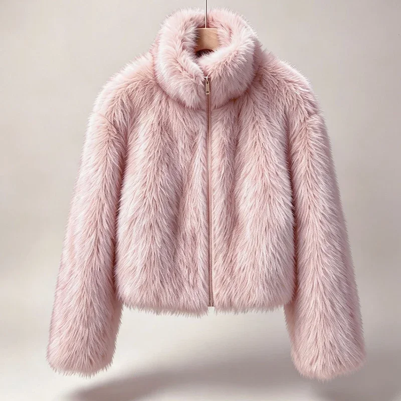 Women Pink Faux Fur Cropped Jacket 2026 New Stand Collar Zip Up Fluffy Coat Winter Temperament Slim-looking Warm Outerwear