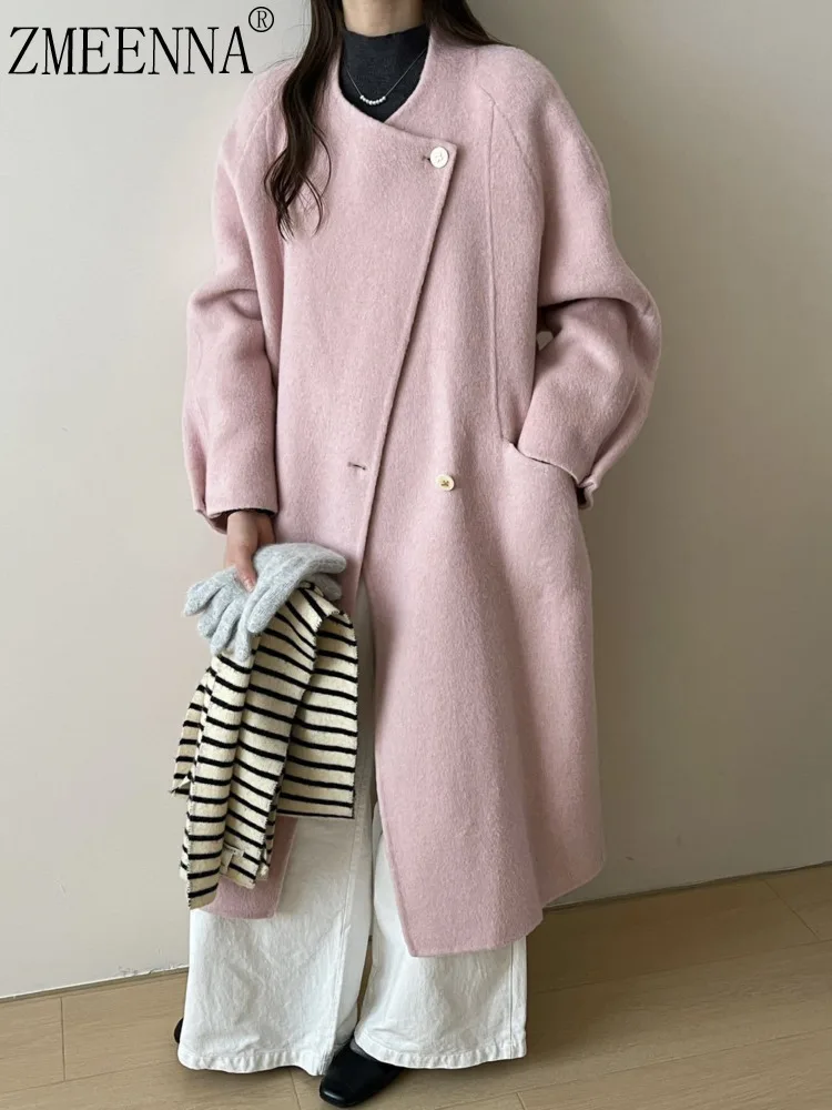 

ZMEENNA Women's Elegant Wool Blend Winter Coat Chic Oversized Long Jacket Warm Outerwear Button Up Pink Cardigan ZM3746