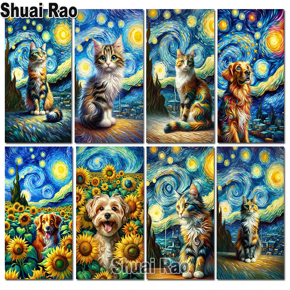 Van Gogh's Starry Sky Cat And Dog Diamond Painting Cross Stritch Landscape Diy Full Diamond Embroidery Mosaic Pattern Handmade