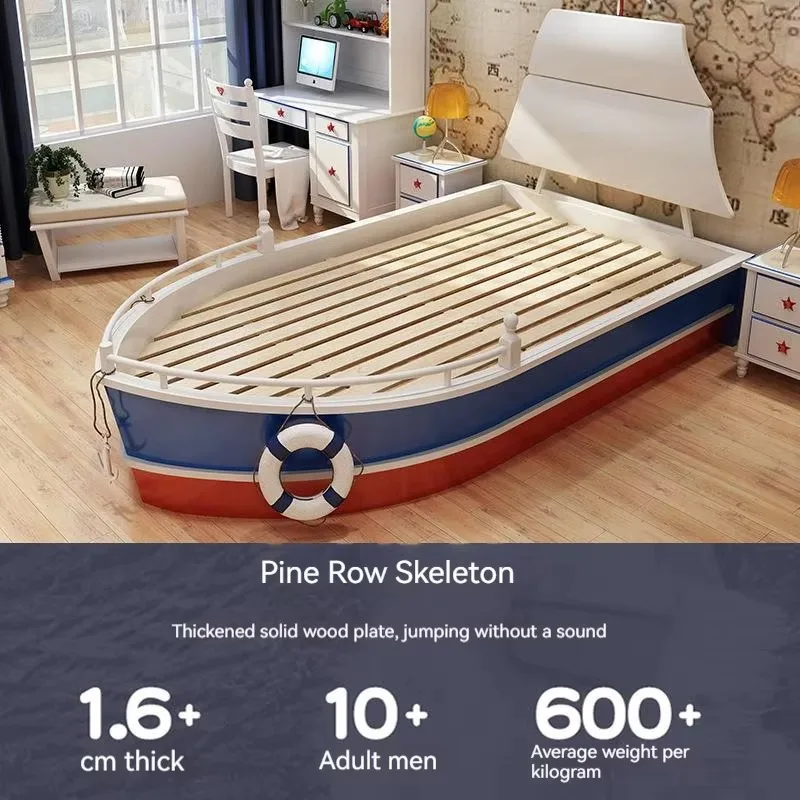 2026 Factory Wholesale All Solid Wood Children'S Bed Boys Single Bed Creative Nautical Boat Type 1.5m Baby Bed With Guardrail