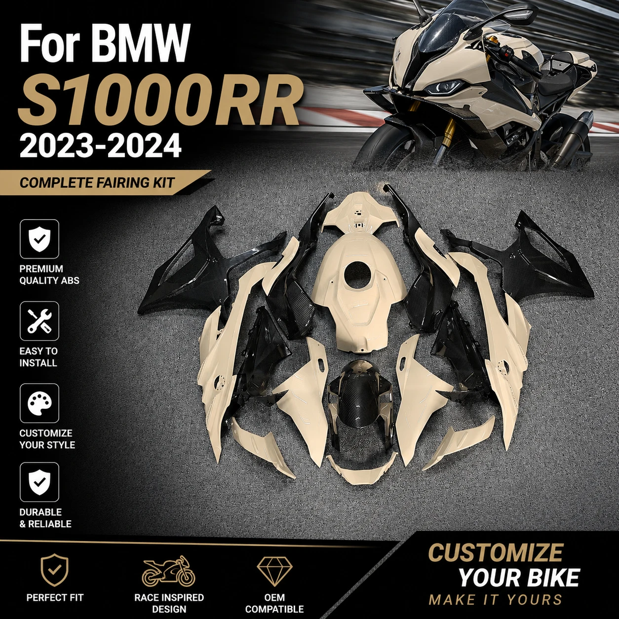 Customized ABS Fairing Kit for BMW S1000RR 2023 2024 Premium Carbon Fiber Look Plastics Injection Molded Bodywork OEM Fitment
