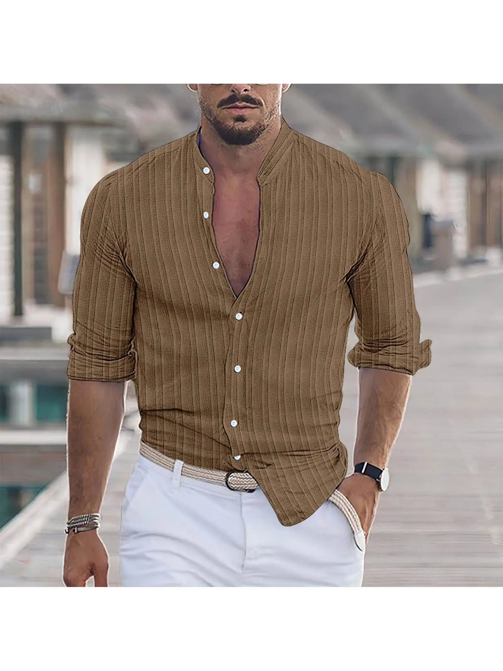 

Men's Casual Striped Long Sve irt Stand Collar Stand Fit Polyester Fiber Breathable Busin Gentleman Sle All Seasons